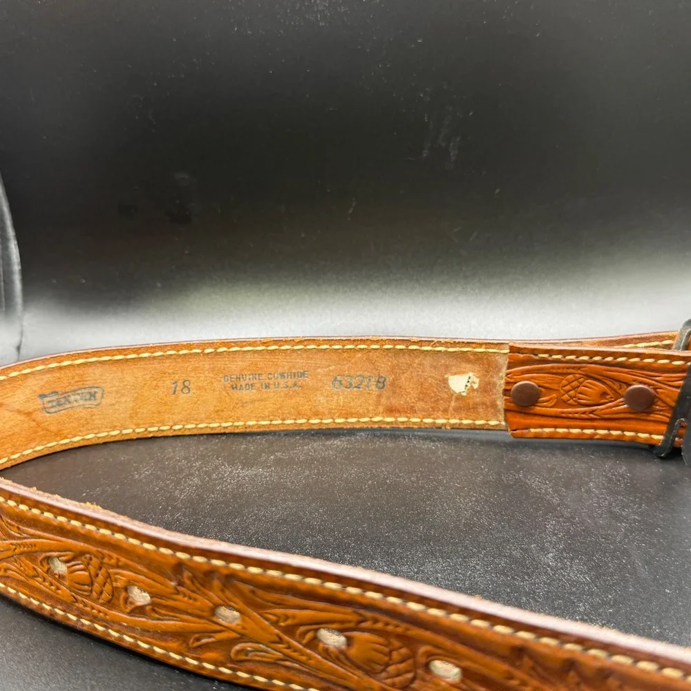 Vintage Kids Justin Tooled Leather Belt Western‎ Style Brown Made in USA